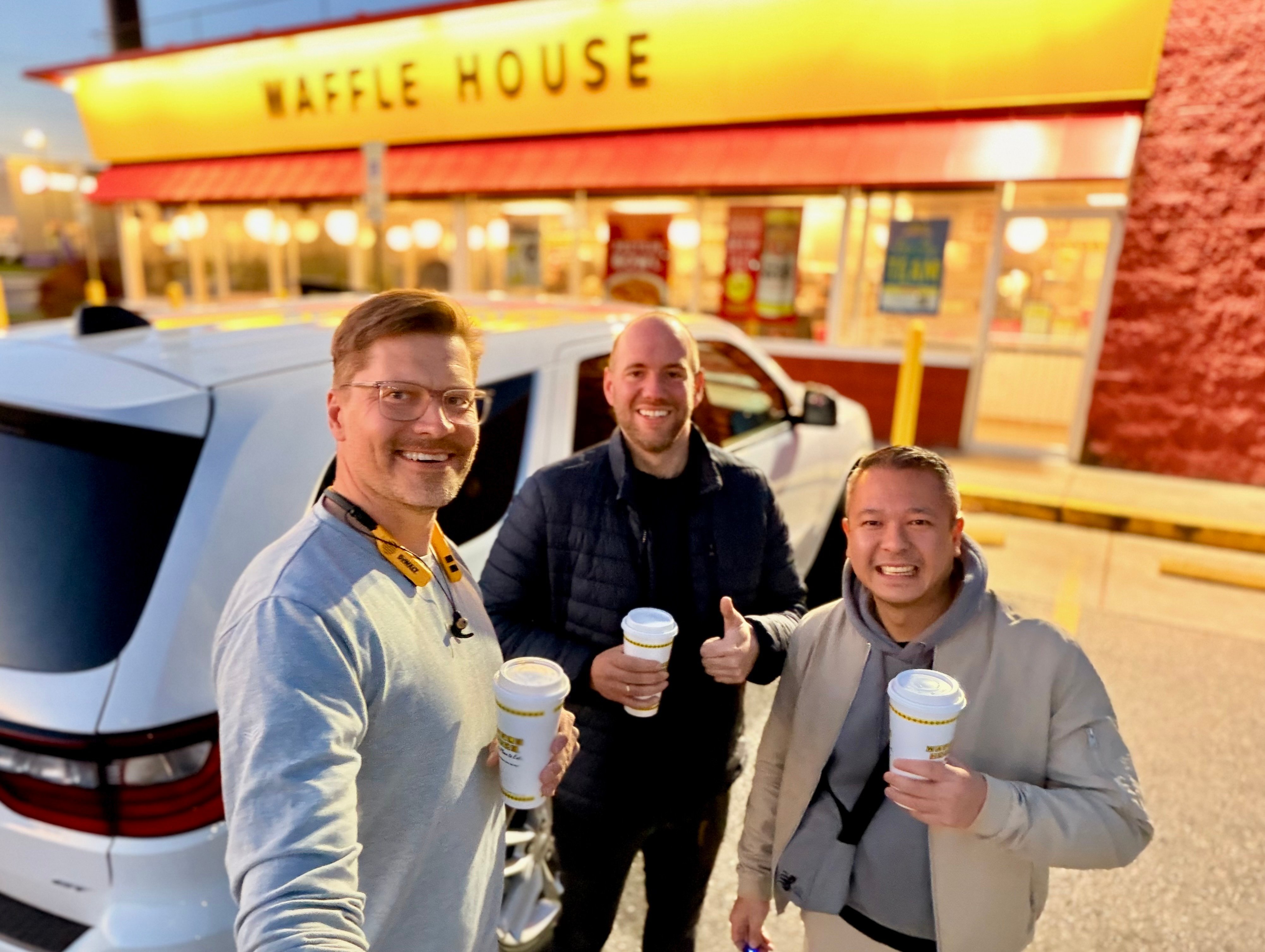 Felix, Duy and Alexander surprising the waffle house team at 3:30 AM