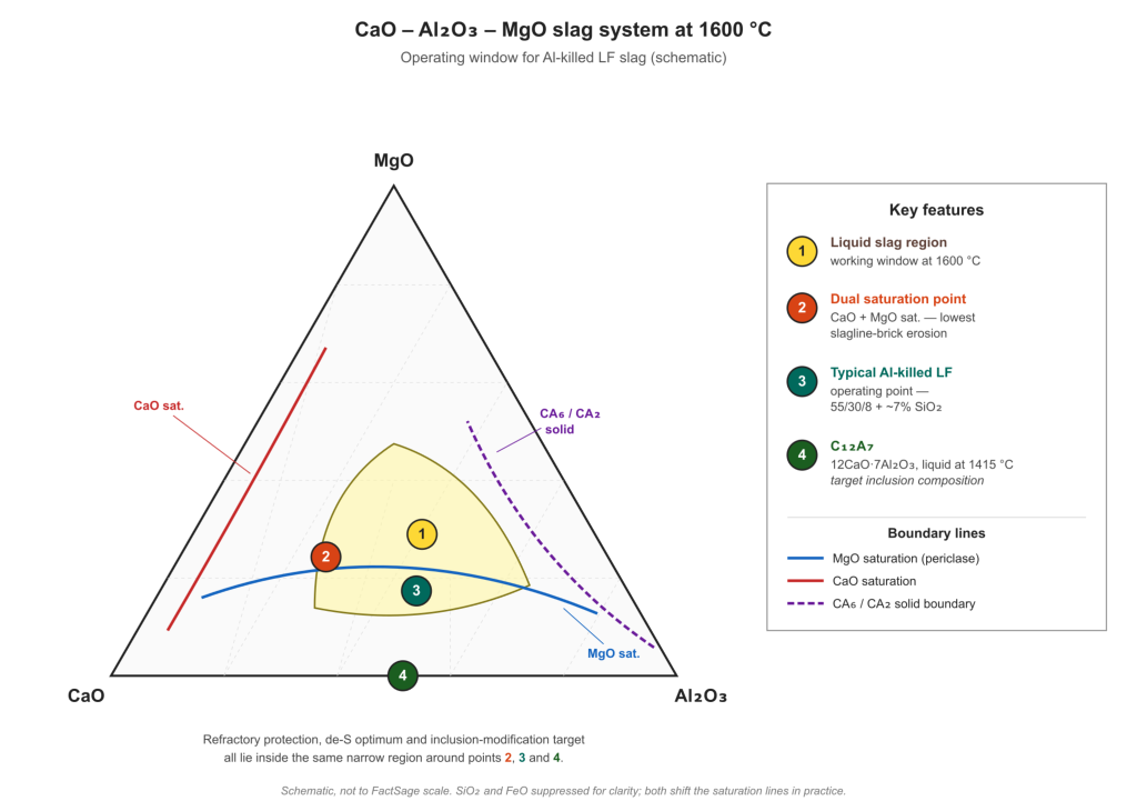CaO-Al₂O₃-MgO slag system at 1600 °C, showing that the four competing objectives of LF slag management — dual-saturation refractory protection (Marker 2), the typical Al-killed operating window (Marker 3), and the C₁₂A₇ inclusion-modification target (Marker 4) — all lie inside the same narrow region of slag composition. SiO₂ and FeO are suppressed for clarity; both shift the saturation lines in practice.